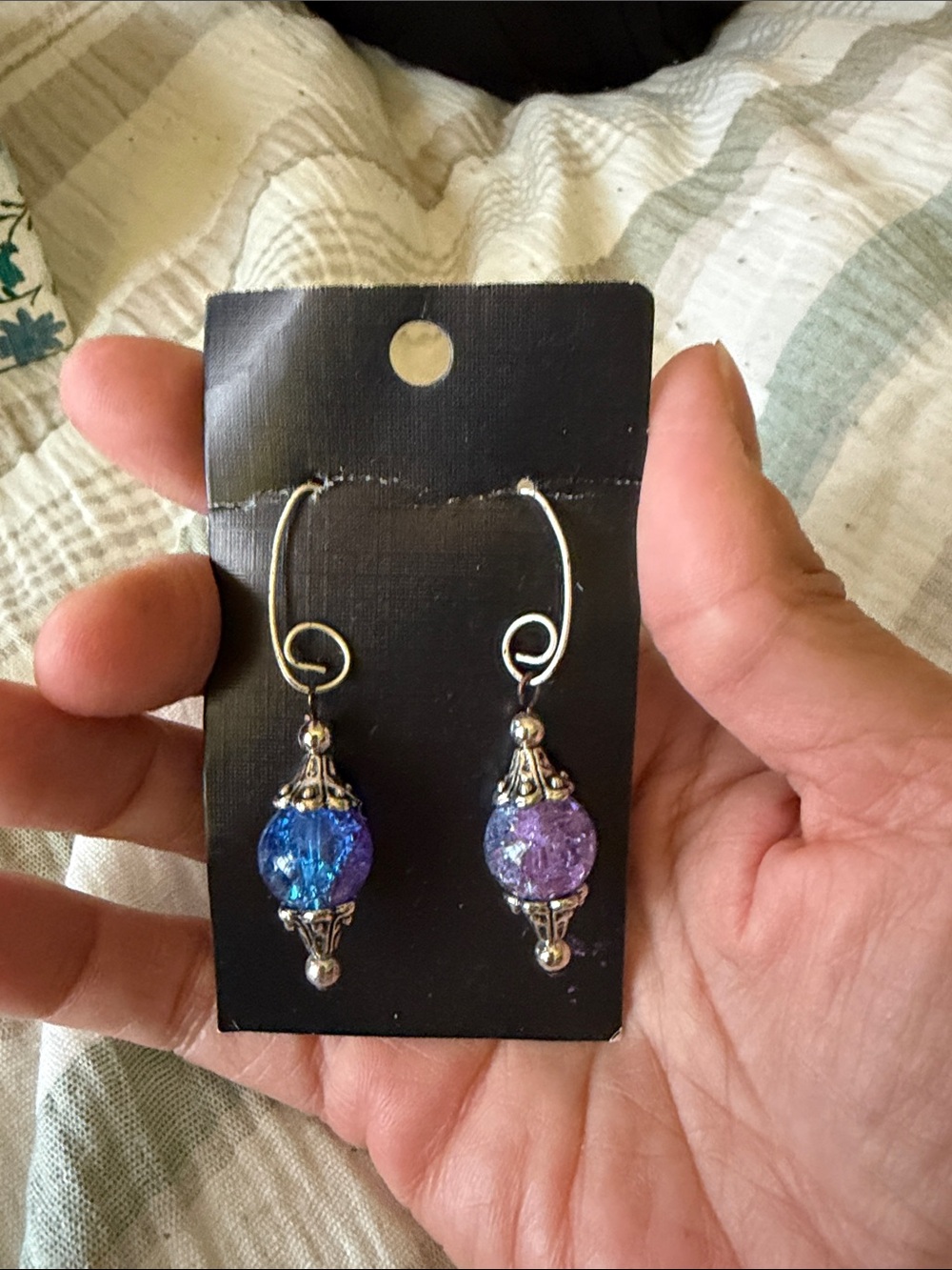Handcrafted Blue and Purple Glass Bead Drop Earrings - Silver Tone